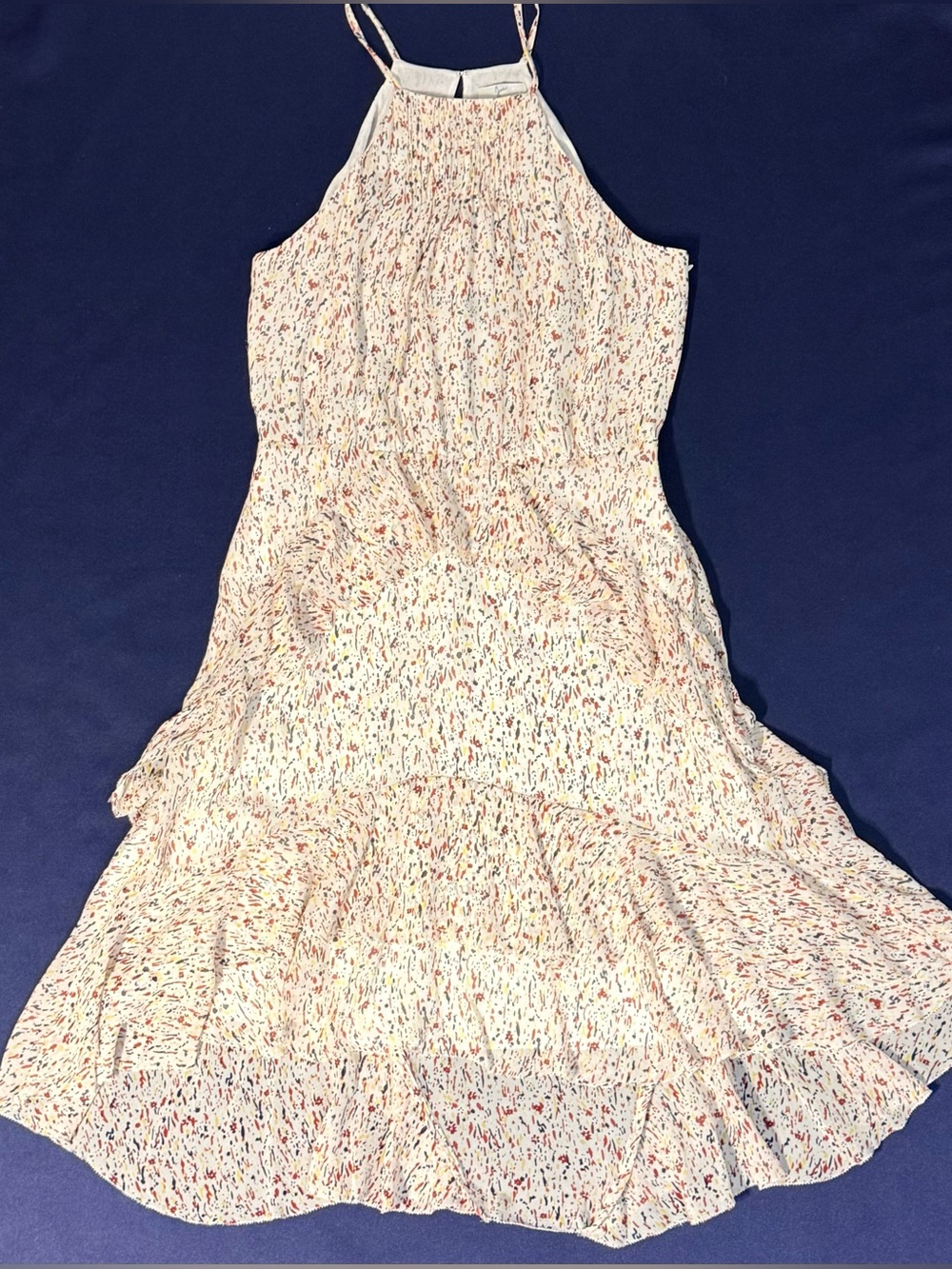 Joie Lamberta 100% Silk Tiered Halter High-Low Dress Porcelain/Multi Size 6